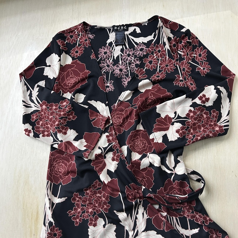 Y2K BCBG Dress Womens 1W Black Floral 3/4 Sleeve V Neck Wrap Belted Knee Length